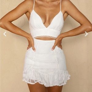 DEARLY BELOVED CAMI STRAP CUT-OUT FRILL HEM LACE DRESS WHITE